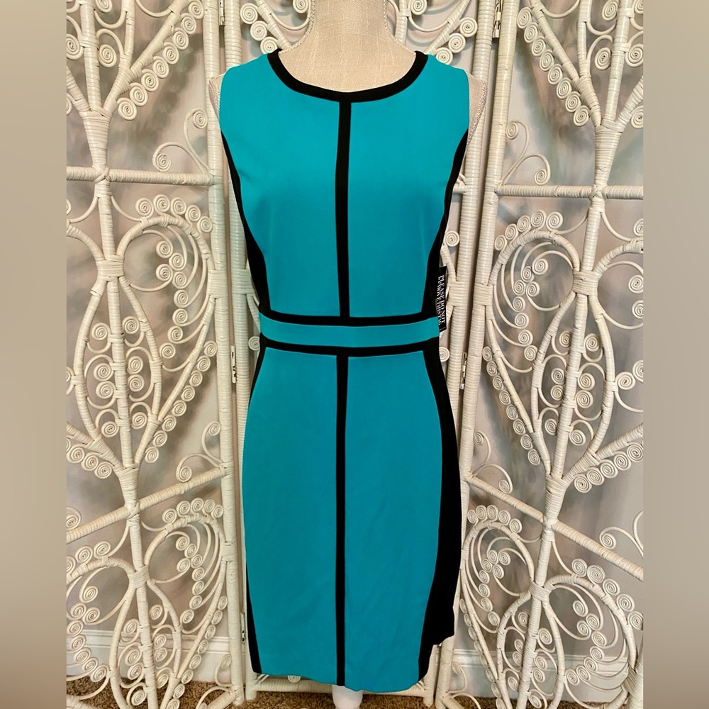 ❌SOLD❌NY&CO NWT SHEATH BODYCON DRESS TEAL TURQUOISE BLACK SIZE 10 KNEE LENGTH